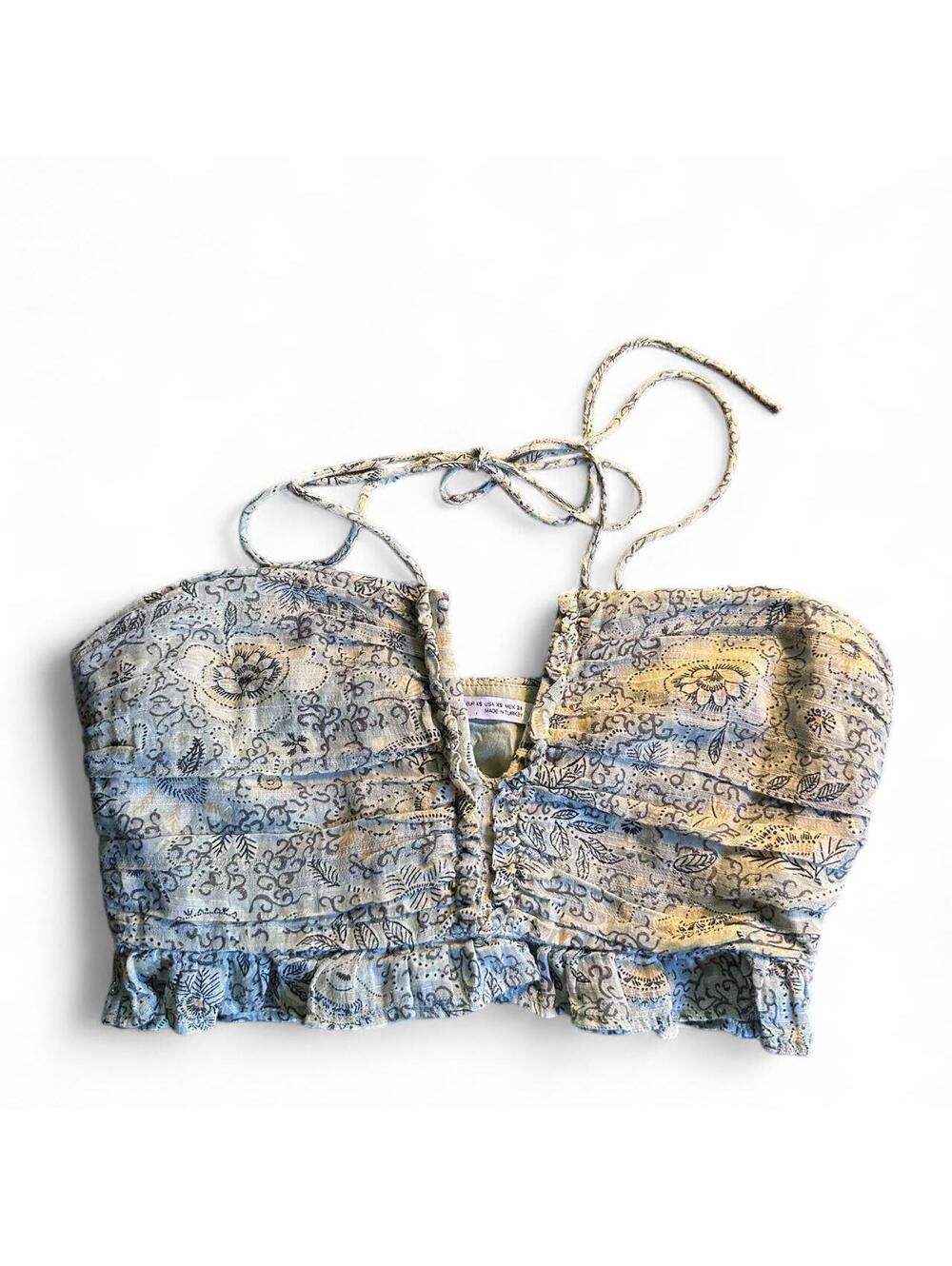 Zara Floral Ruched Halter Crop Top XS Cotton Metallic Boho